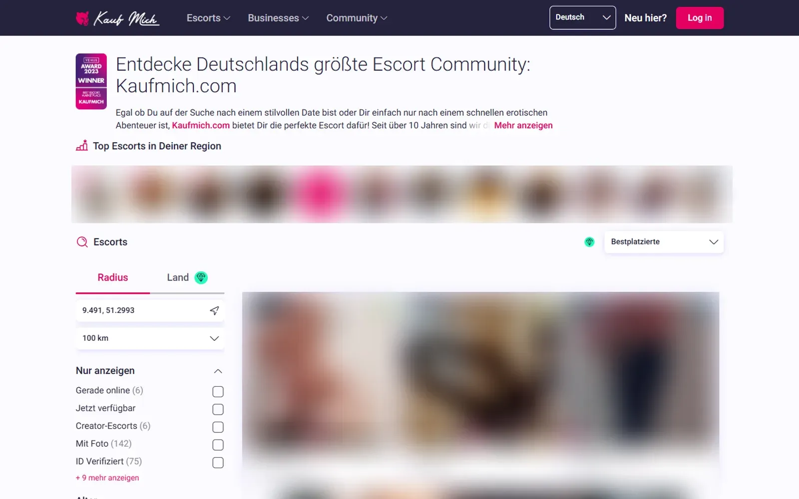 Startseite von Kaufmich mit Filtern für Escorts
