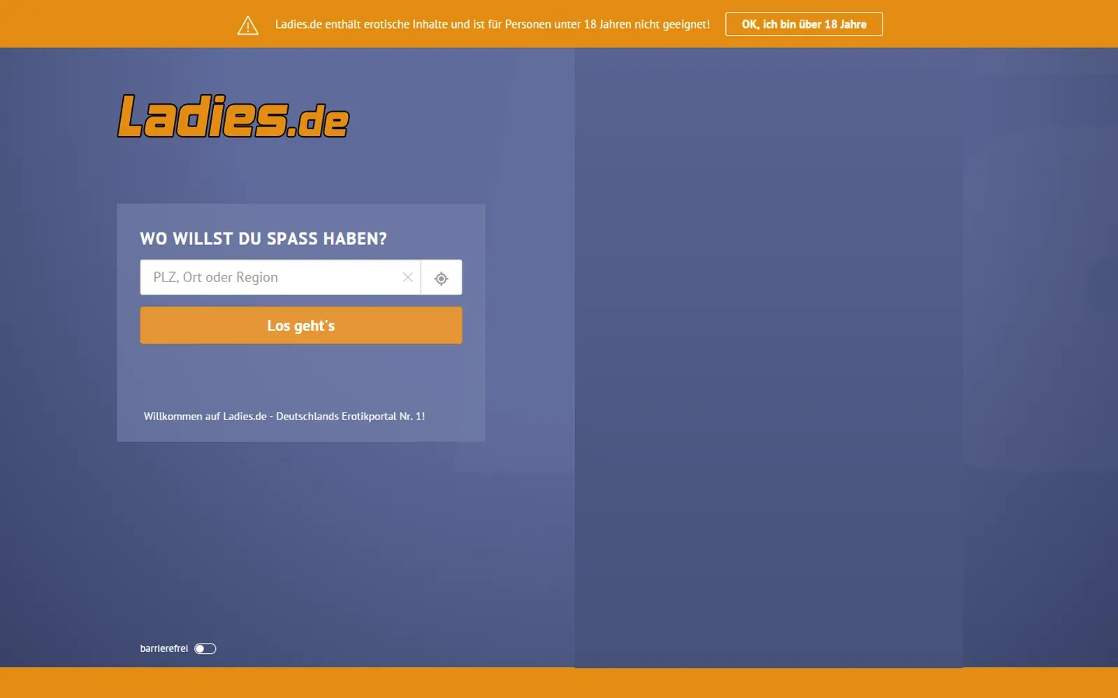 Startseite von Ladies.de mit Ortssuche und Altershinweis